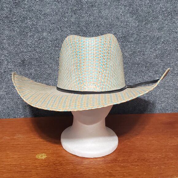 Rodeo King 25X Straw Cowboy Hat Powder Horn Blue Biege Rio Western Hat Barncore - Picture 8 of 13